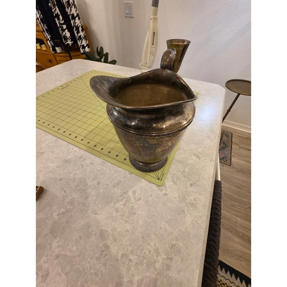 Vintage Silver colored Water Pitcher and Goblet Set Ornate Barware Decor